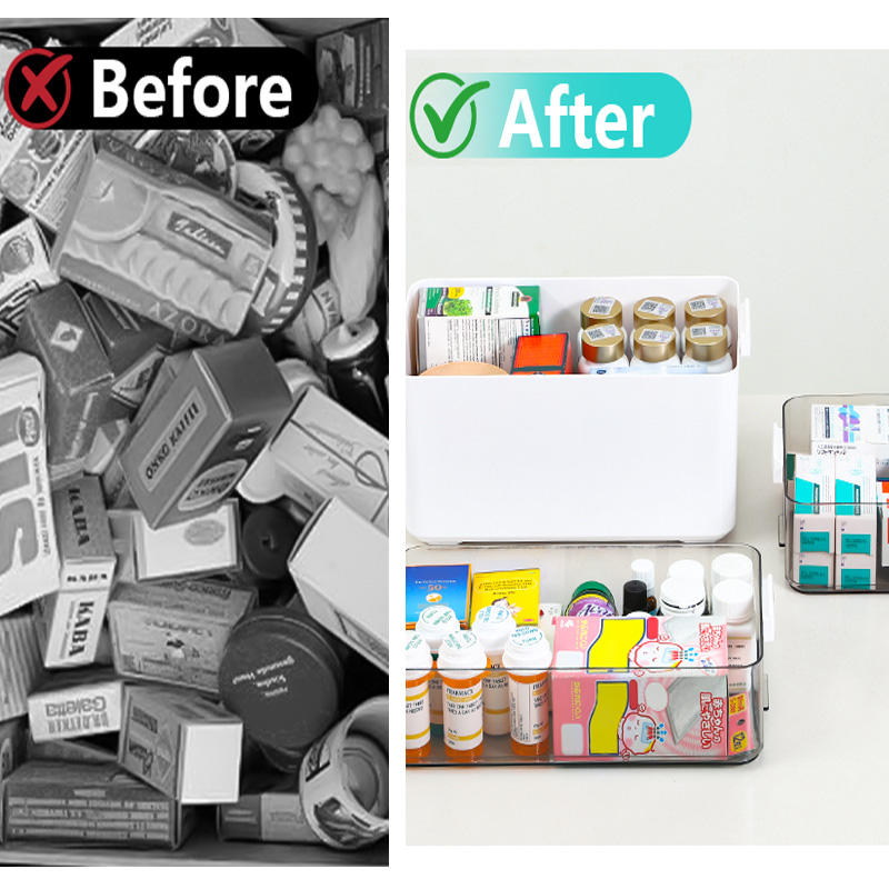 Medicine Storage Box with Transparent Tray and Handle, Portable Pill Organizer for Medications, Vitamins and Personal Care Items